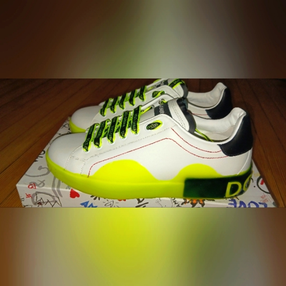 Dolce & Gabbana White Yellow Portofino Leather Sneakers Shoes